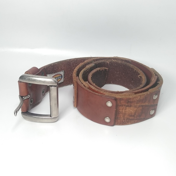 Womens Vintage Fossil Brown Leather Belt Sze.34 Patched Style Silver Buckle - Picture 4 of 7